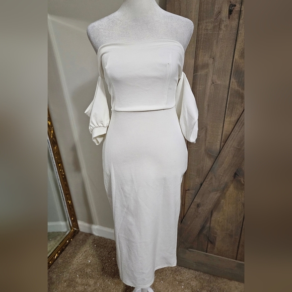 CLUB L LONDON White Bardot Puff-Sleeve Midi Dress. Size US 4 NWT - Picture 7 of 14